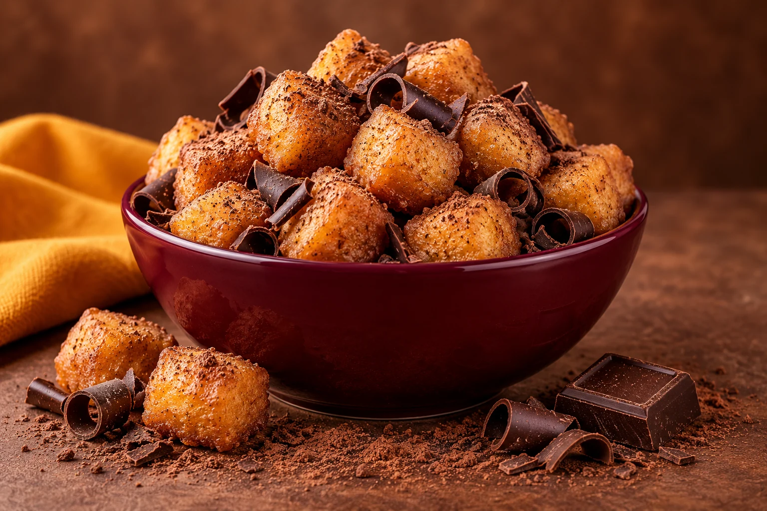 Illustrative chocolate Daddies: golden fried dough cubes with chocolate curls in a burgundy bowl on a cocoa-brown background