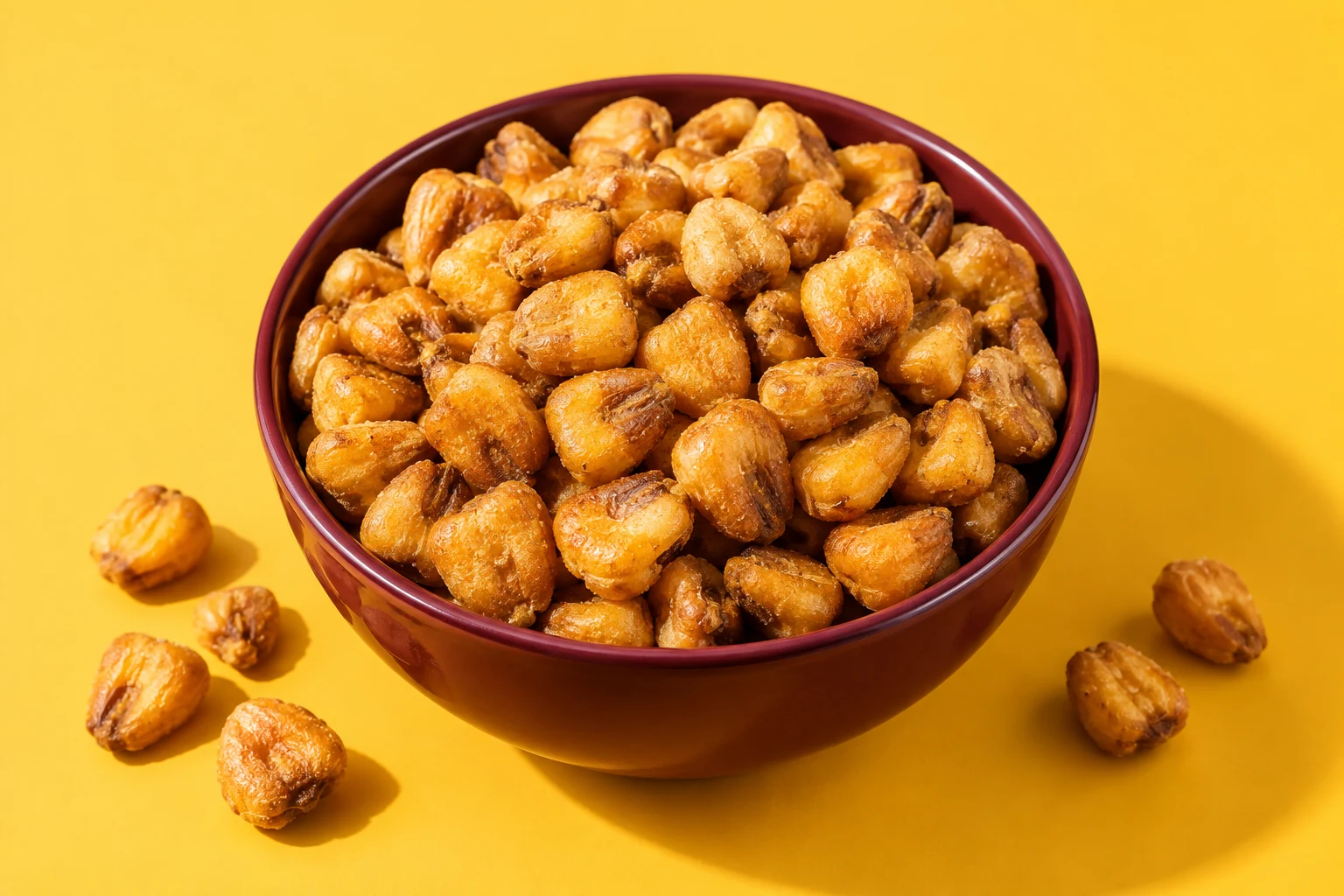 Illustrative crispy golden whole maize kernels in a burgundy bowl on a yellow background