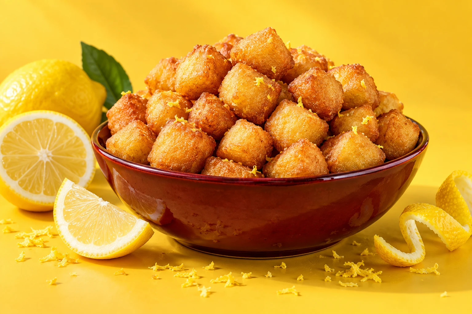 Illustrative lemon Daddies: golden fried dough cubes with fresh lemon slices and zest in a burgundy bowl on a sunny yellow background