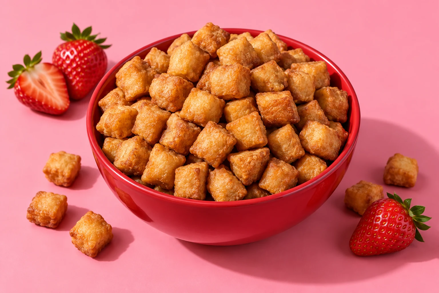 Illustrative strawberry-flavoured golden Daddies styled with strawberries on a pink background