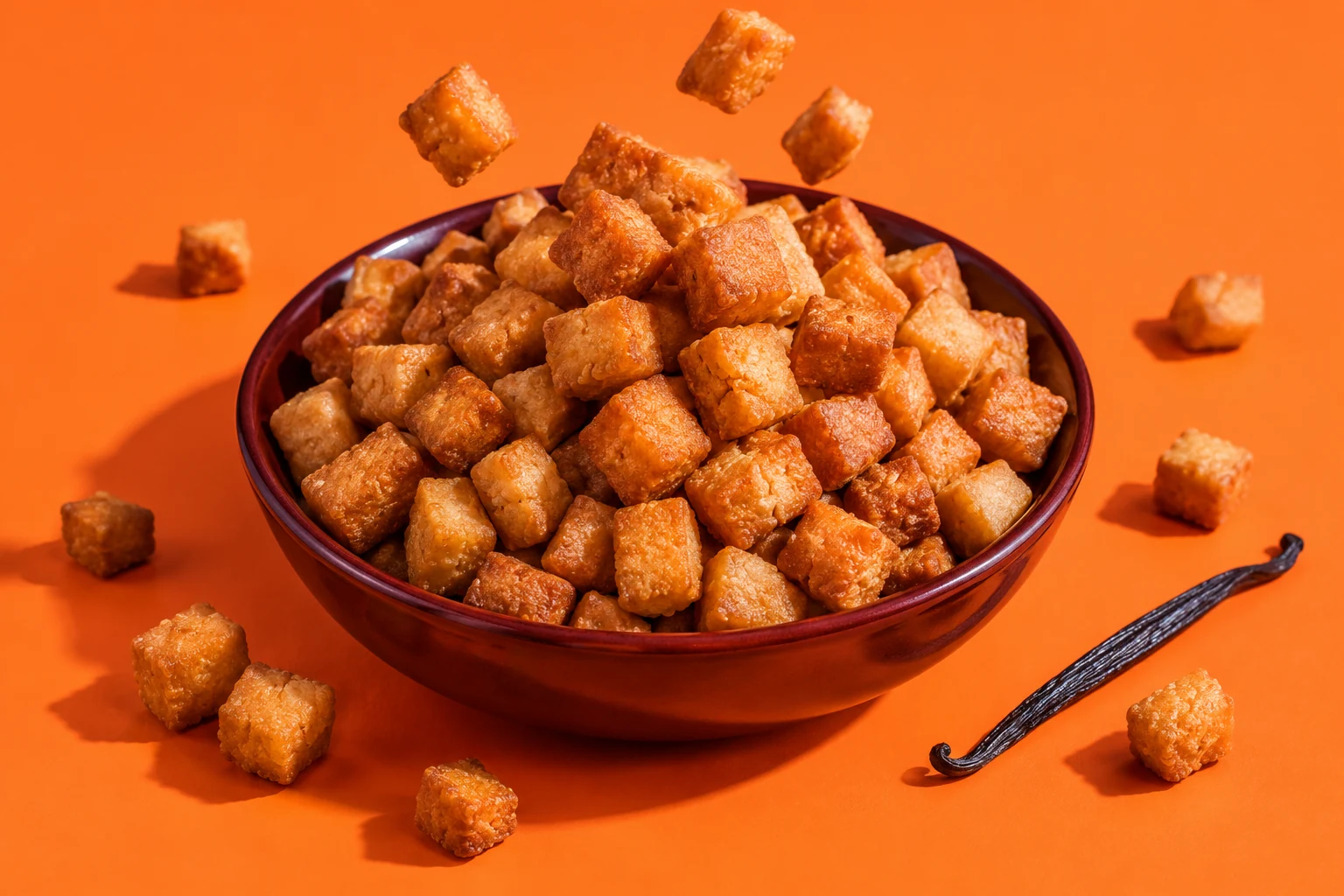Illustrative vanilla Daddies: golden fried dough cubes in a bowl